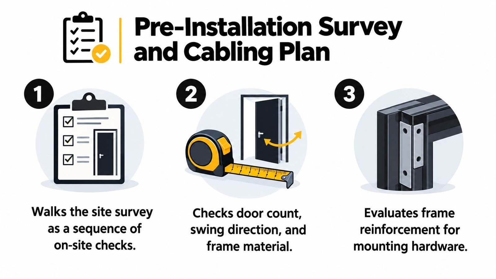 A three-step infographic showing the pre-installation survey and cabling plan for door security systems.