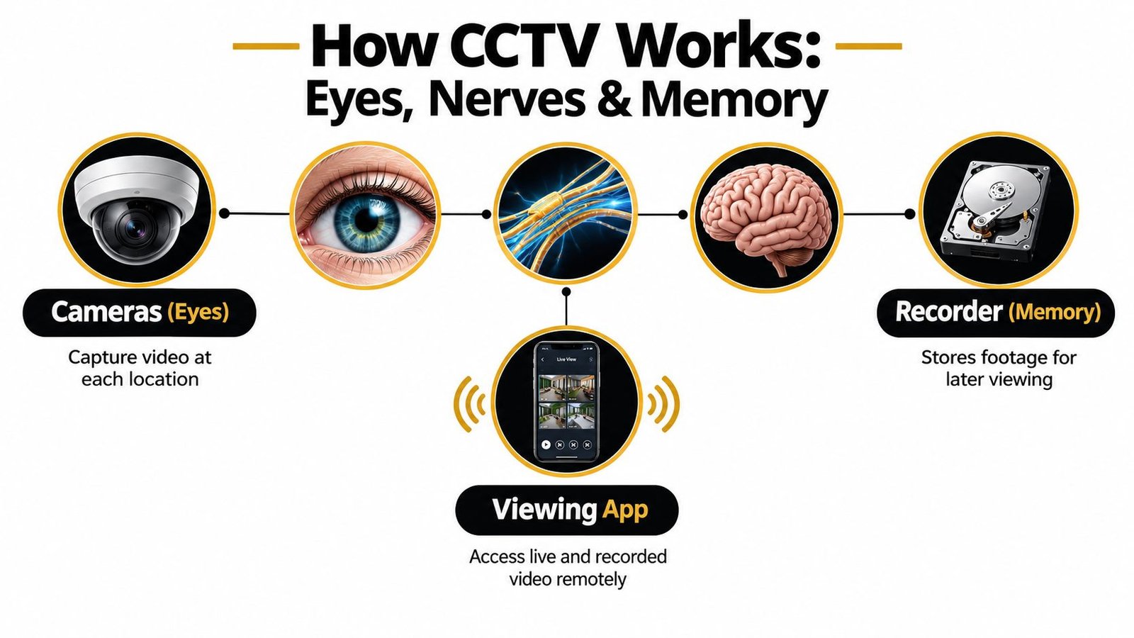 A diagram illustrating how CCTV systems work, comparing cameras, transmission, processing, and recording to biological functions.
