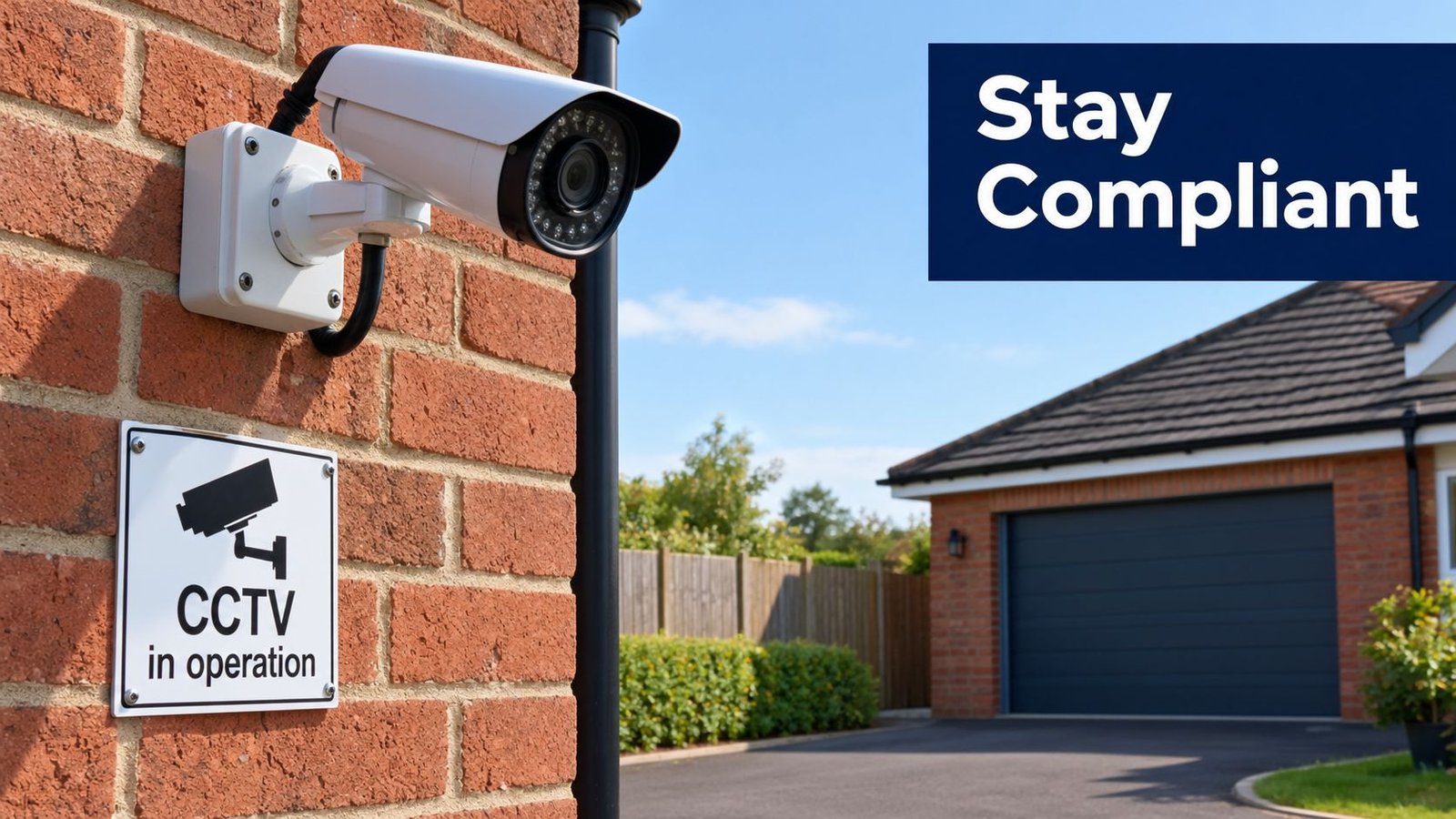 A CCTV surveillance camera mounted on a brick wall with a sign indicating that CCTV is in operation.