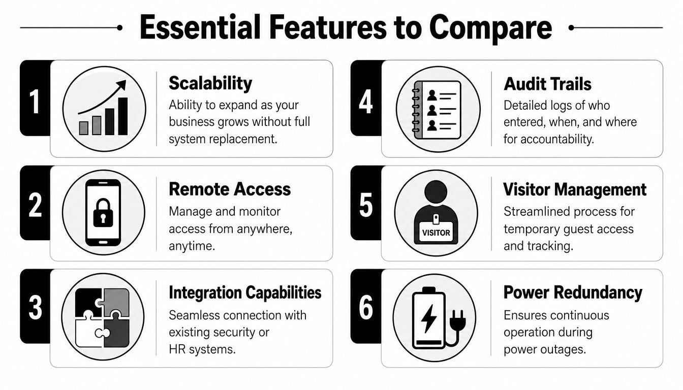 An infographic showing six essential features for comparing professional access control and door entry systems for business.