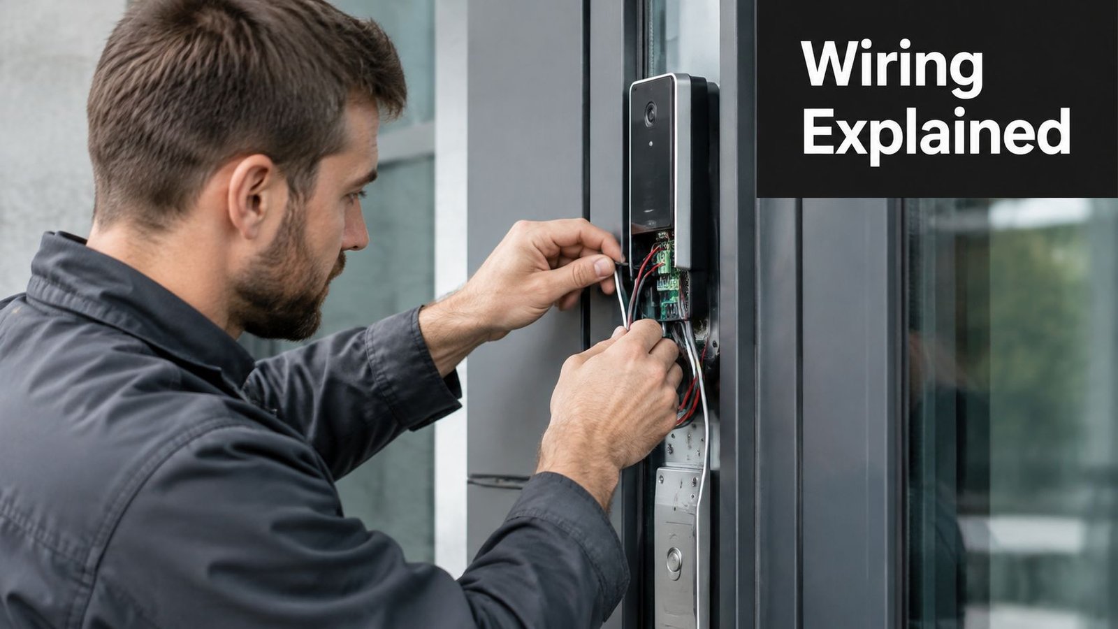 A professional technician carefully installing and wiring a modern video door entry system on a building entrance.