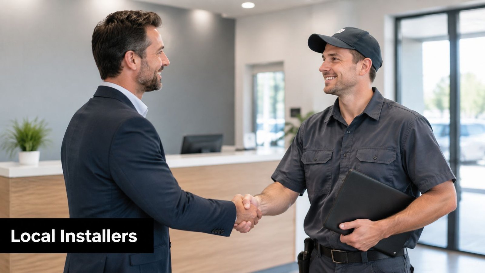 A professional man in a suit shaking hands with a smiling local technician holding a tablet