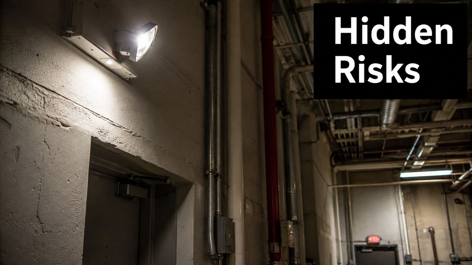 A lit emergency light unit mounted on a concrete wall inside an industrial facility with dark ceilings.