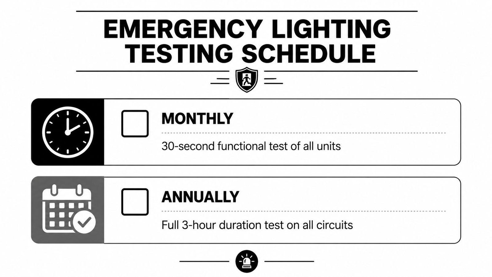 A schedule chart outlining emergency lighting testing requirements, including monthly functional tests and annual duration tests.
