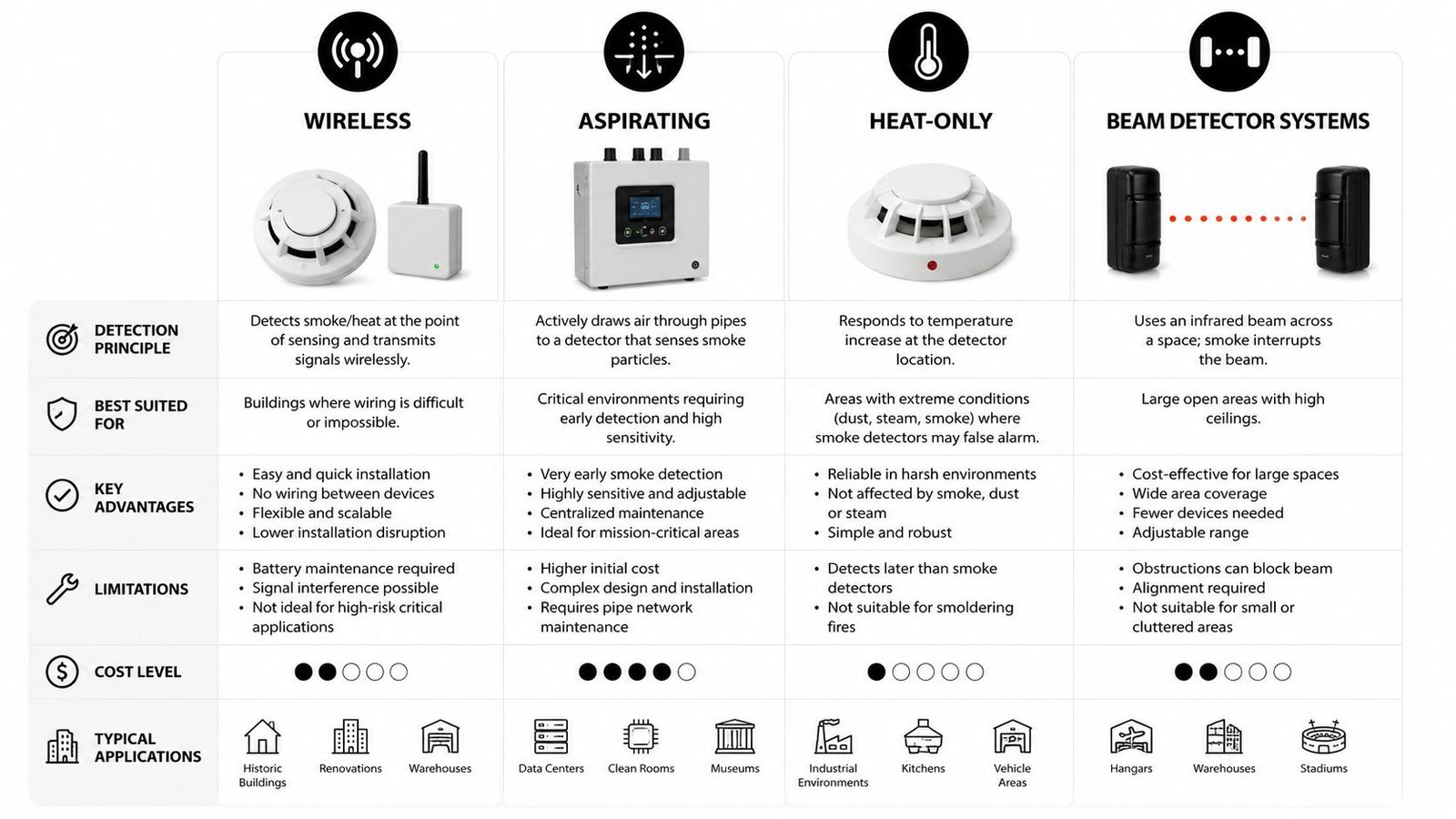 A comparison chart outlining the detection principles, advantages, and applications of four types of fire alarm systems.