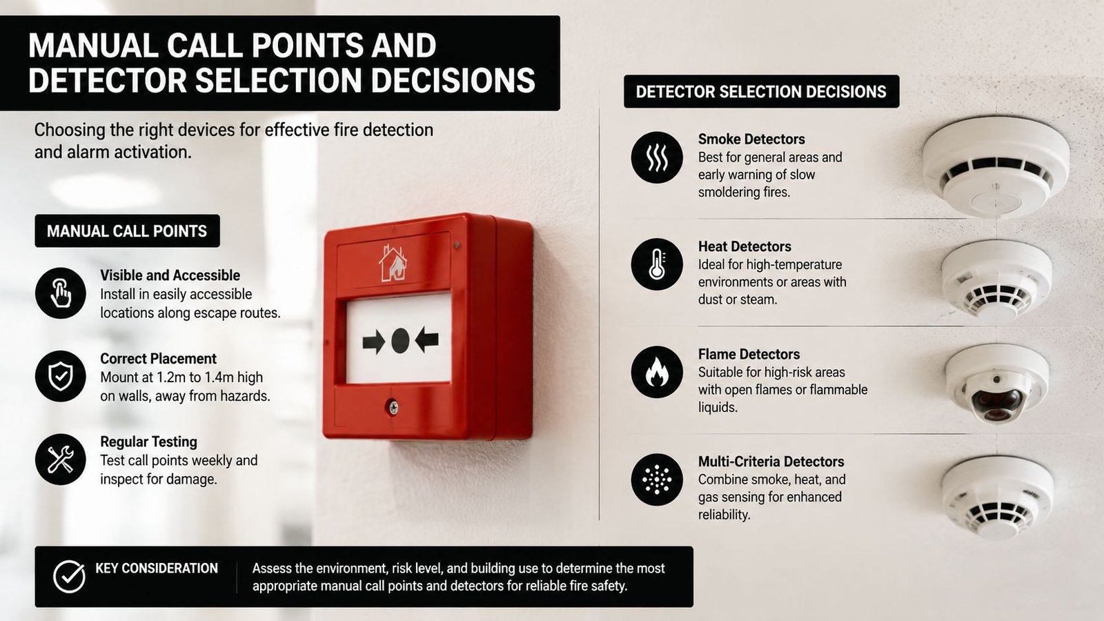 An infographic displaying guidelines for manual fire alarm call points and types of fire detectors for safety.