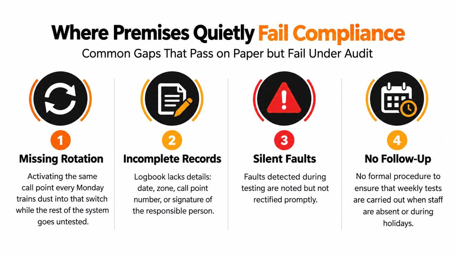 An infographic showing four common fire safety compliance gaps, including missing rotations and incomplete testing records.