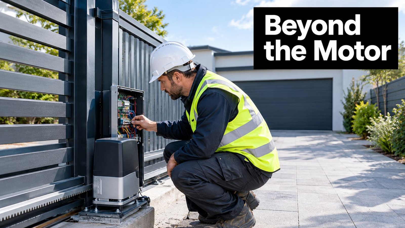 A professional technician wearing a hard hat and safety vest repairing an electronic gate automation control box.