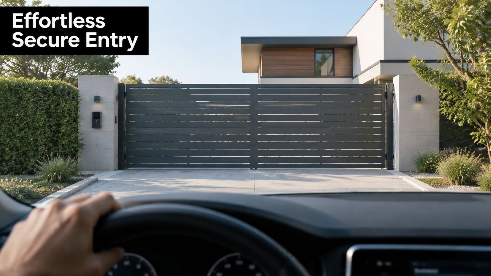 A driver's perspective from behind the steering wheel approaching a modern automated gate at a home.