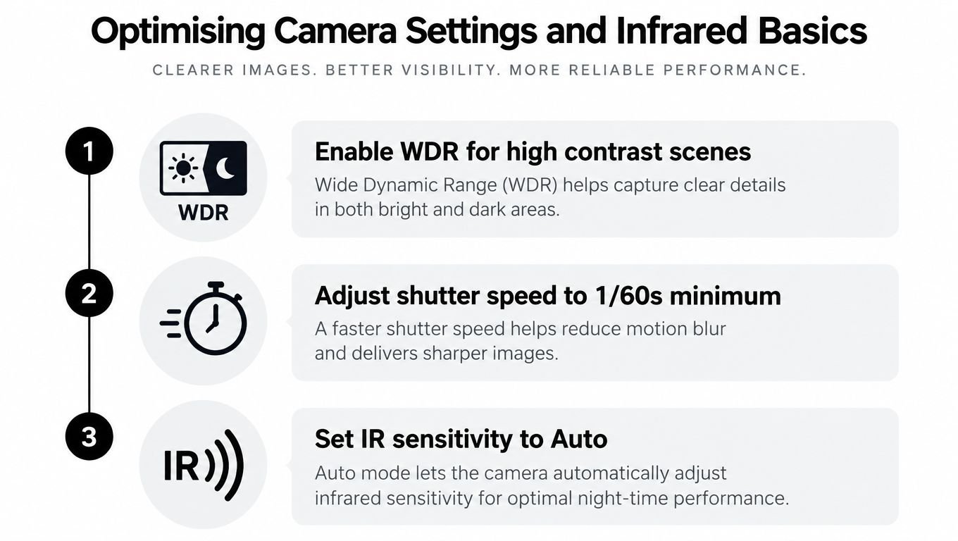 A graphic providing three essential tips to optimize security camera settings for clearer and more reliable images.