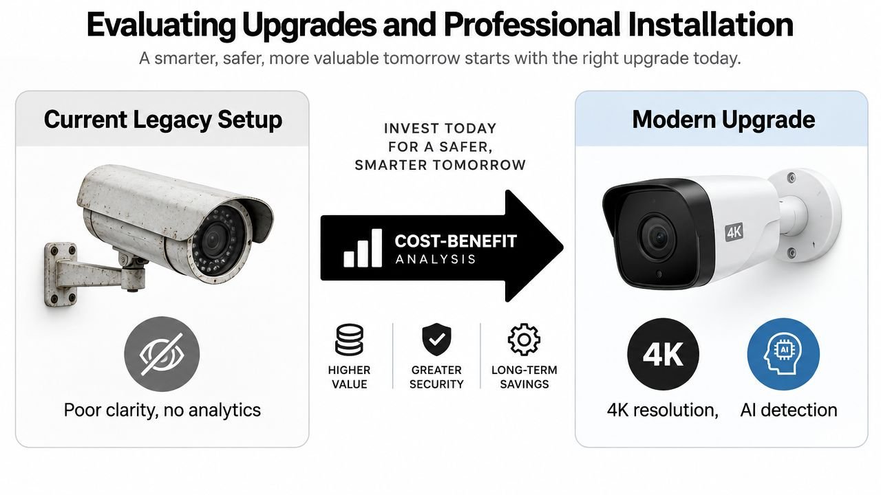 A comparison infographic showing an old, worn security camera versus a modern 4K AI-enabled surveillance camera system.