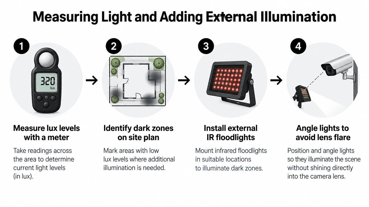 A four-step guide on how to measure light levels and install external infrared lighting for security cameras.