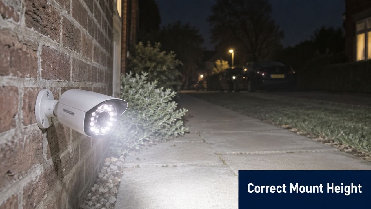 A security camera mounted on a brick wall illuminates a dark pathway during the night.