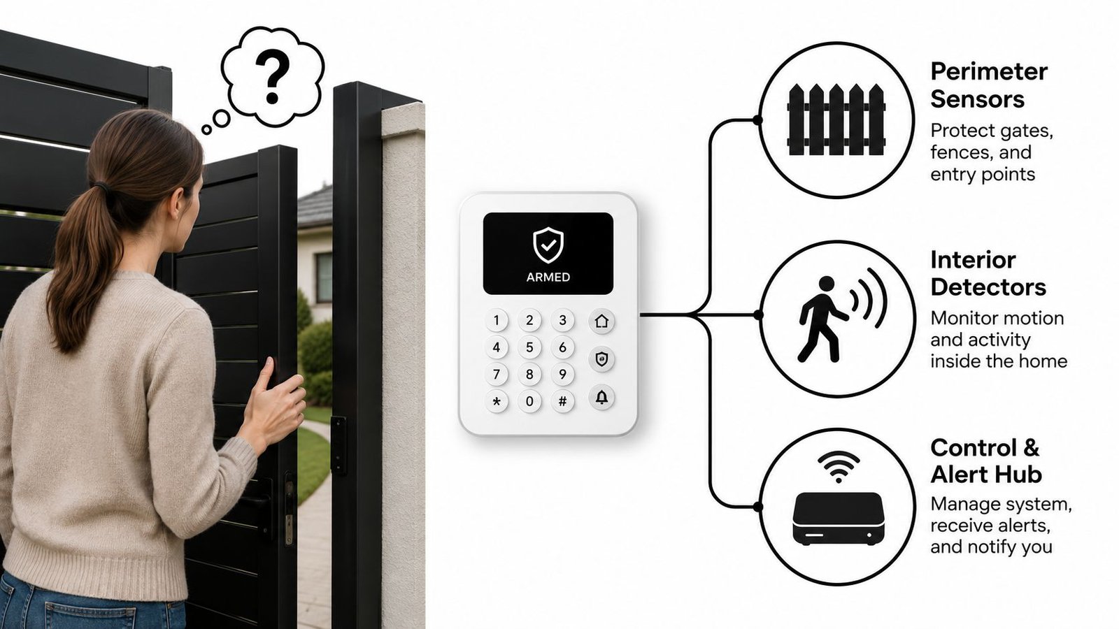 A woman opening a gate while a home security system diagram shows sensors and hub components.