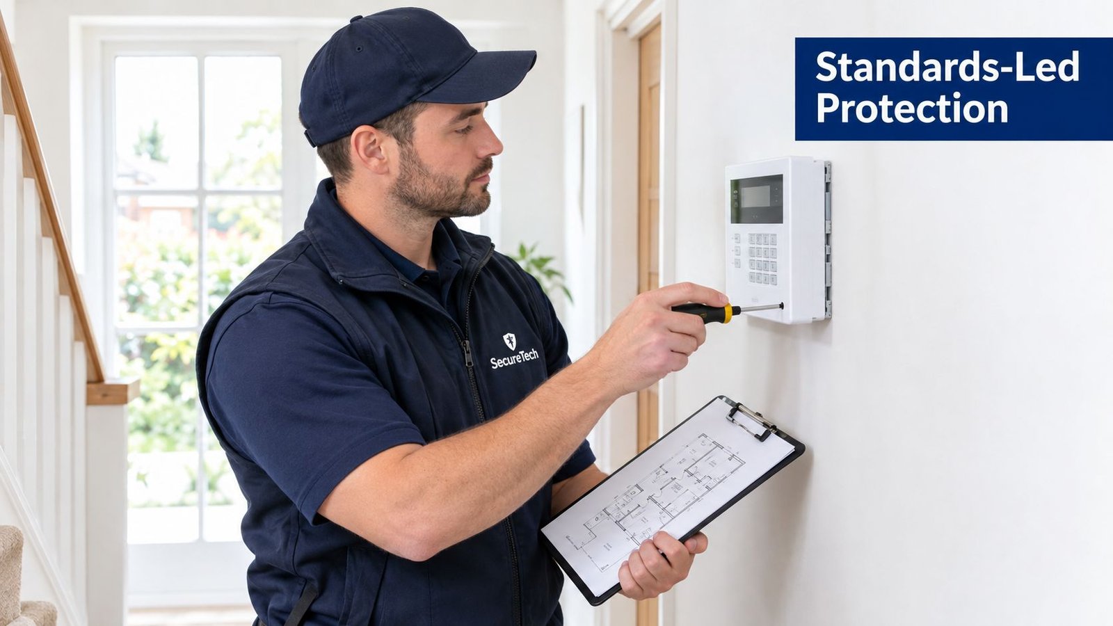 A professional technician from SecureTech installing an intruder alarm control panel on a wall in a home.