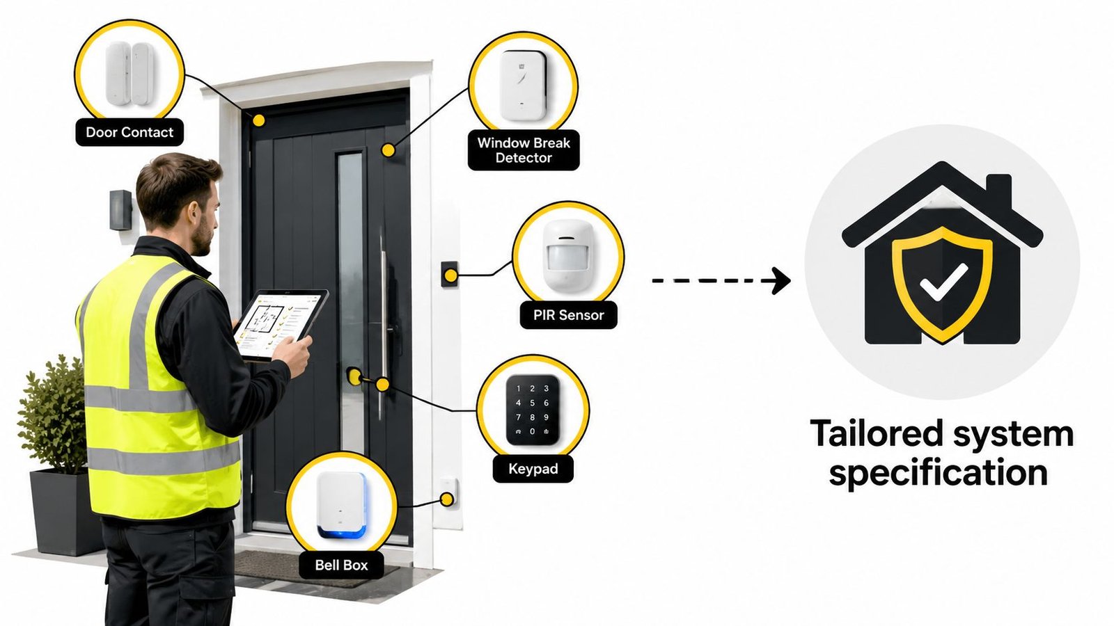 A technician with a tablet inspecting various home security components mounted on and around a front door.