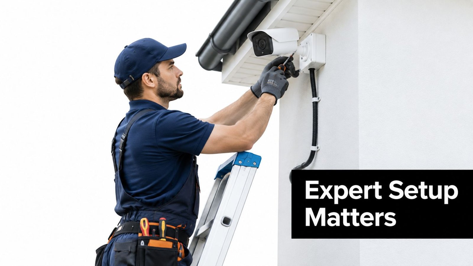 A professional technician wearing safety gloves installing a security camera on a wall while standing on a ladder.