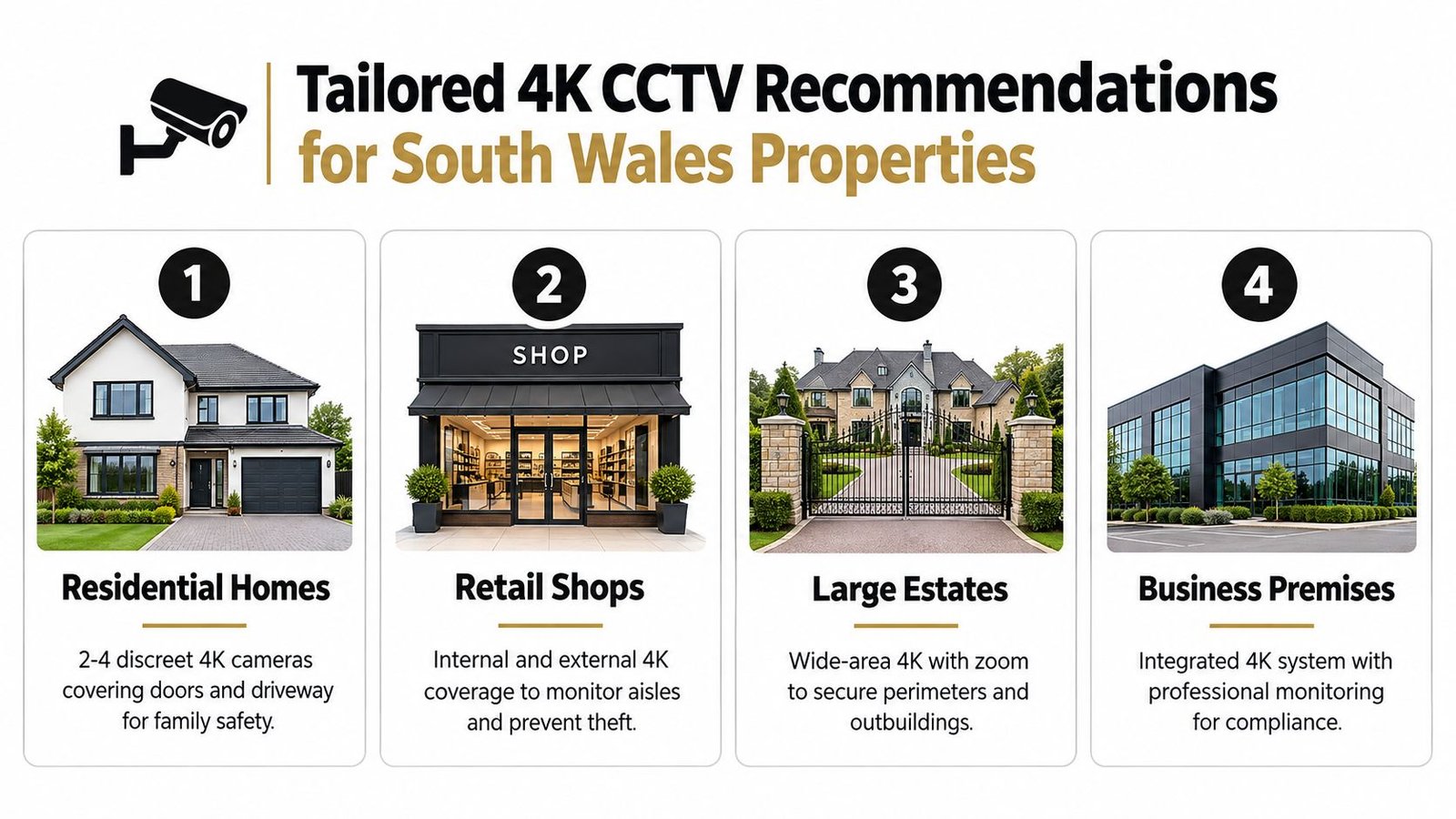 A guide showing 4K CCTV camera system recommendations for residential homes, retail shops, large estates, and business premises.