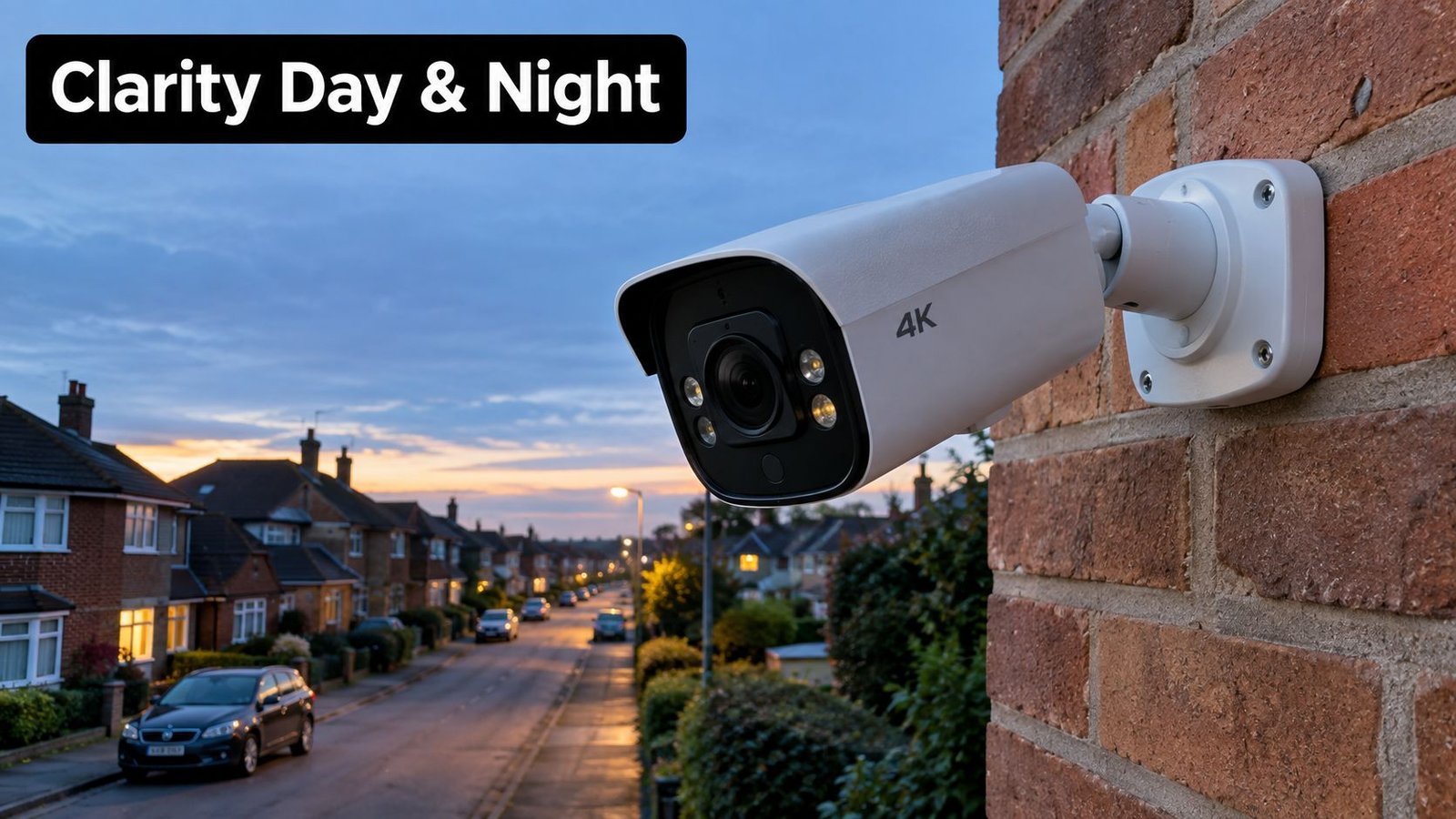 A modern 4K security camera mounted on a brick wall overlooking a suburban street at dusk.