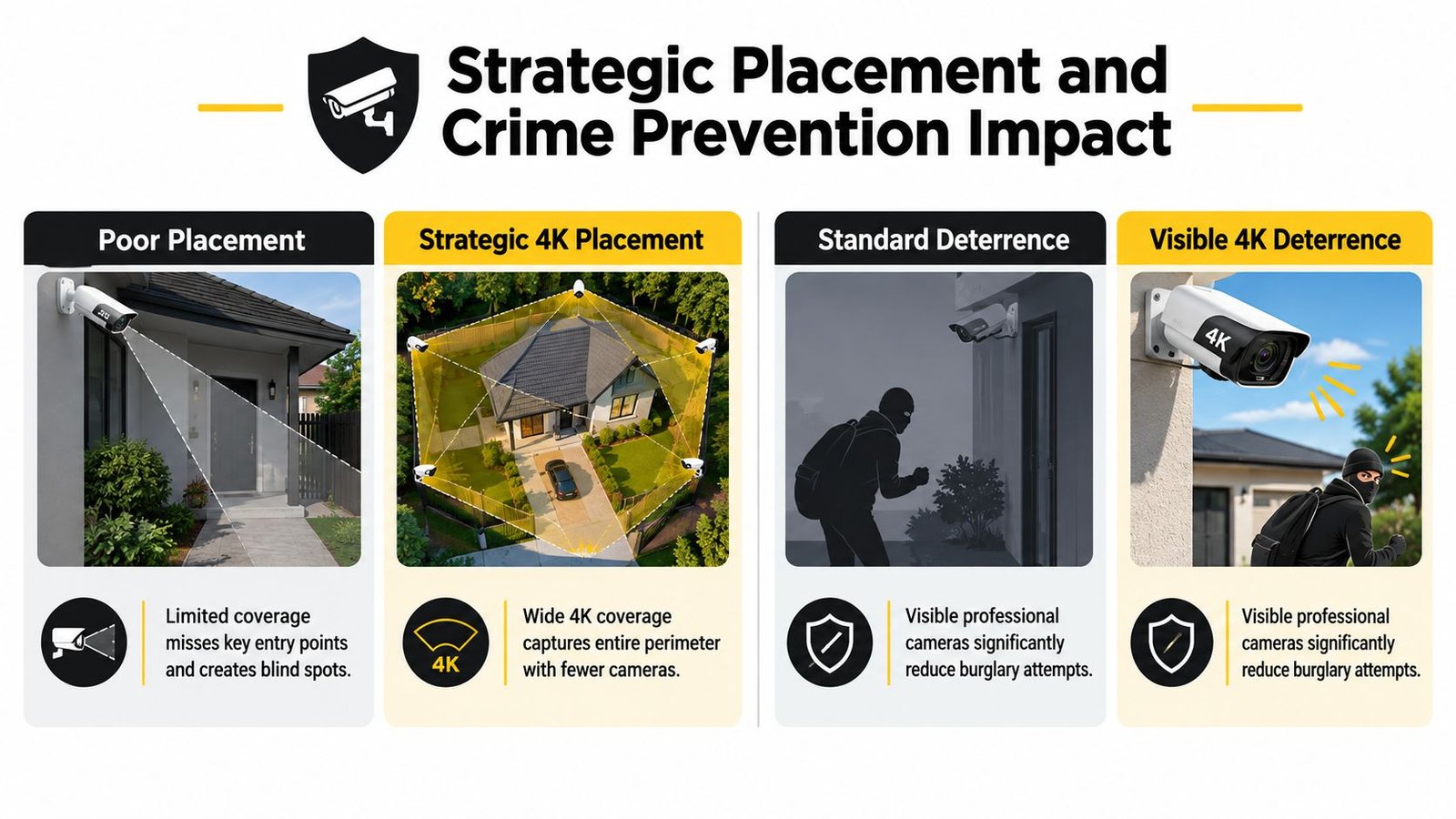An infographic showing strategic security camera placement techniques and how 4K resolution improves home crime prevention.