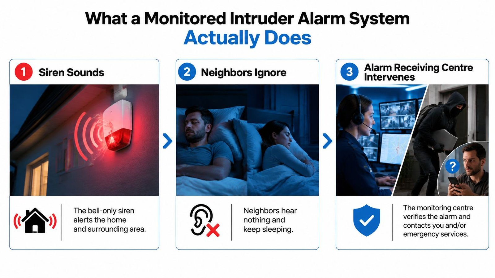 A three-step infographic showing how a monitored intruder alarm system alerts authorities during a home burglary.