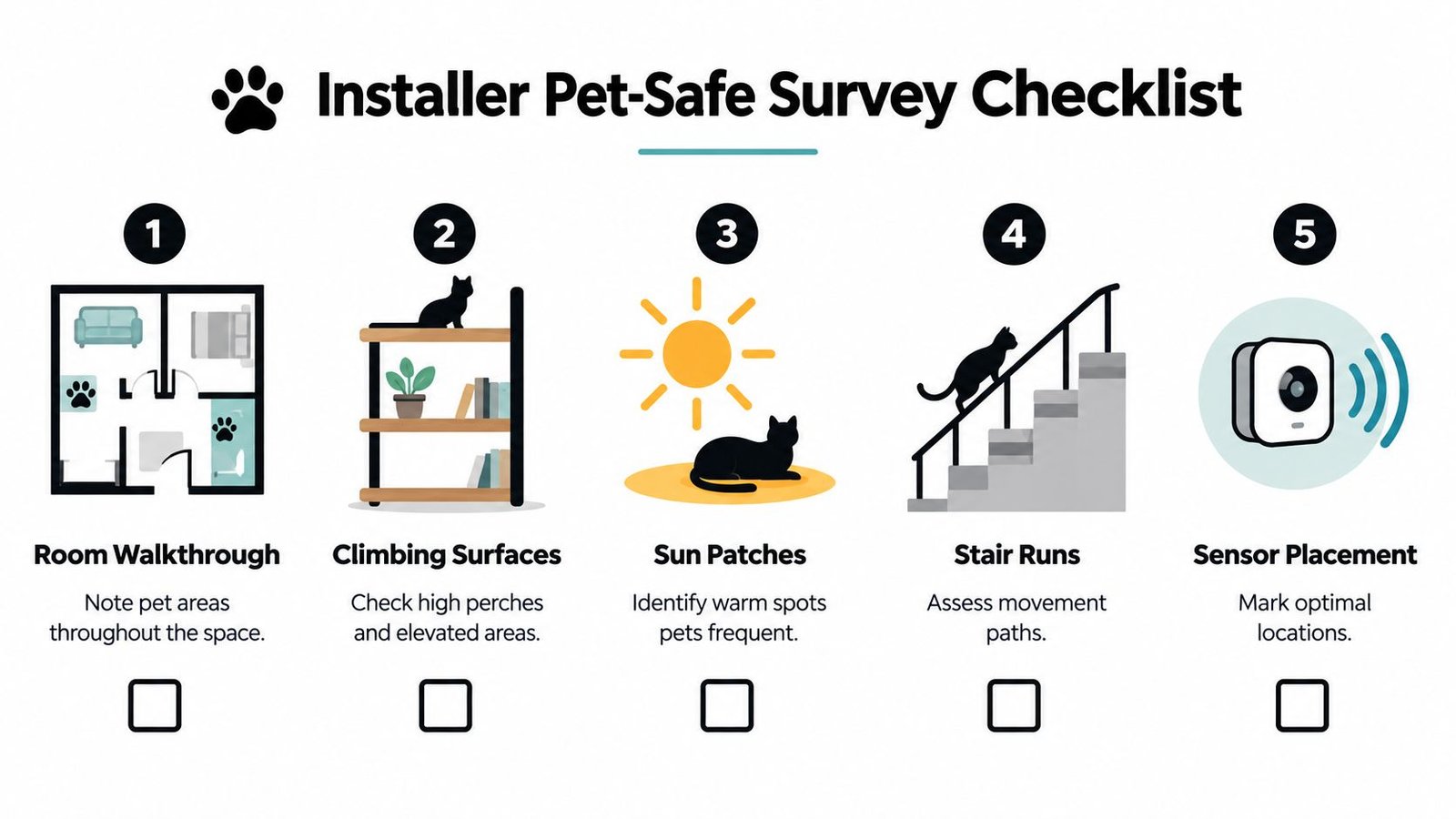 An infographic checklist for installers to survey homes for pet-safe burglar alarm and sensor placement.