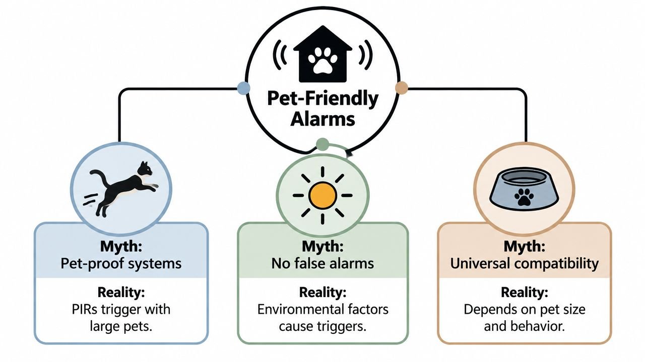 An infographic debunking three common myths about pet-friendly burglar alarm systems and their actual realities.