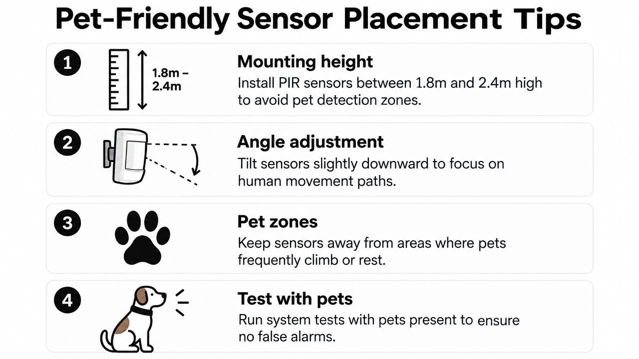 An infographic titled Pet-Friendly Sensor Placement Tips providing four instructions for installing motion sensors at home.
