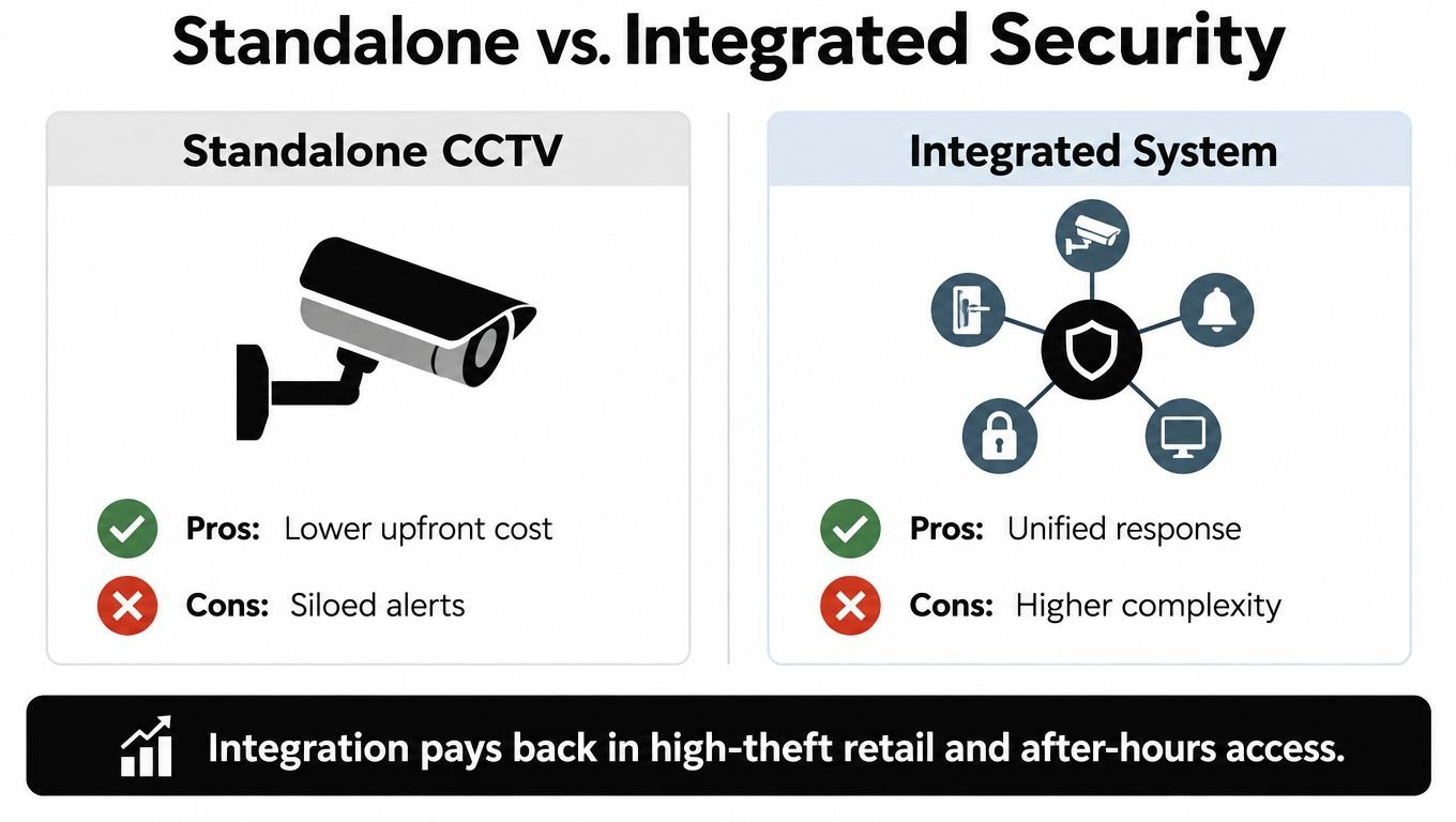 A comparison chart showing the differences between standalone CCTV systems and integrated security systems for businesses.