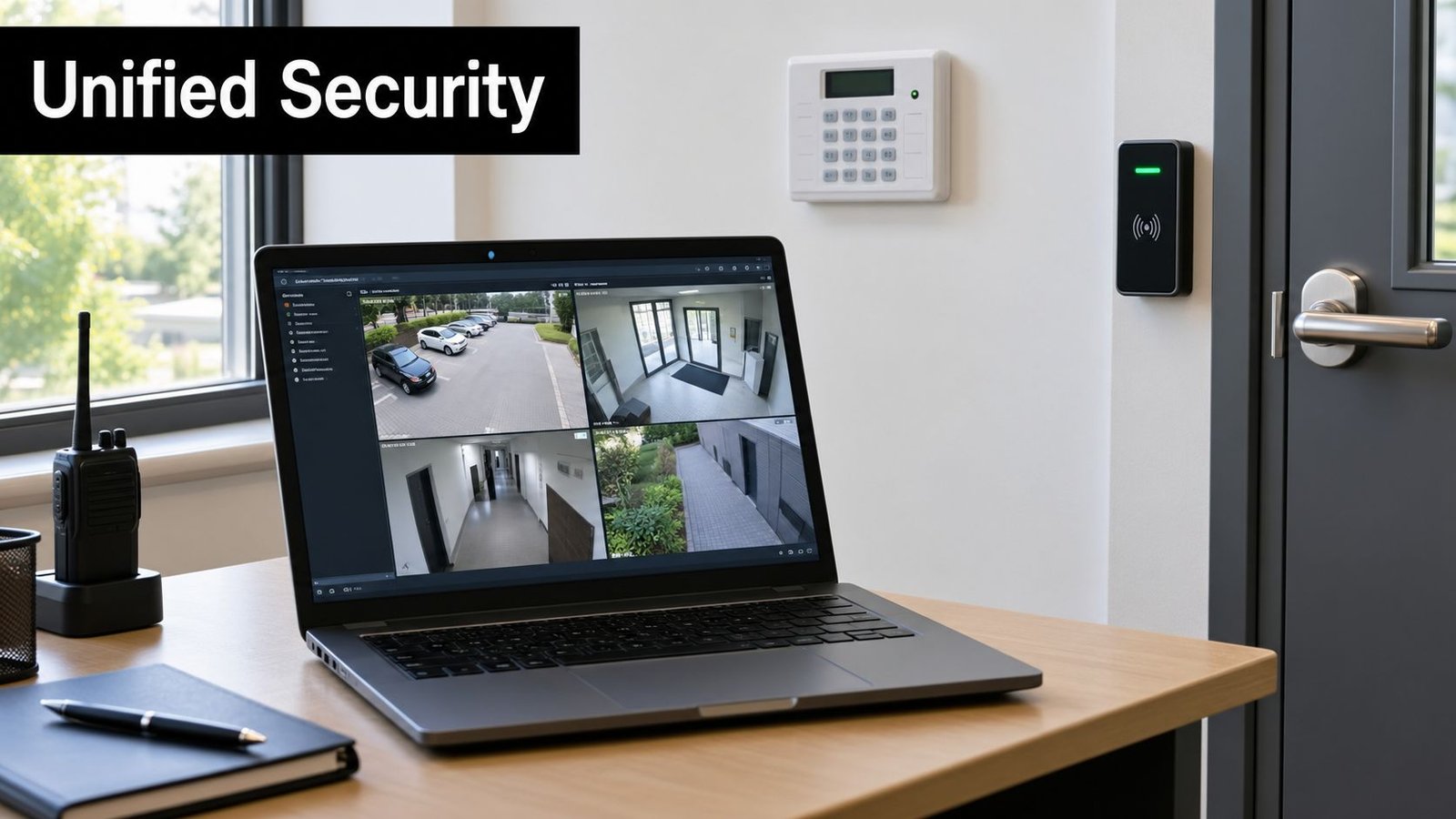 A professional office desk featuring a laptop displaying multiple security camera surveillance feeds, an access control system.