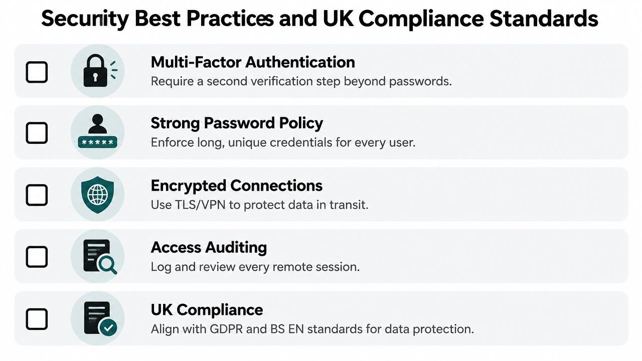 A checklist infographic detailing five essential security best practices and UK compliance standards for businesses.