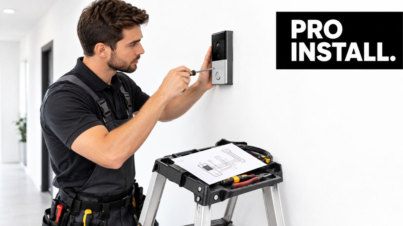 A professional technician installing a smart video intercom doorbell on a white wall indoors.
