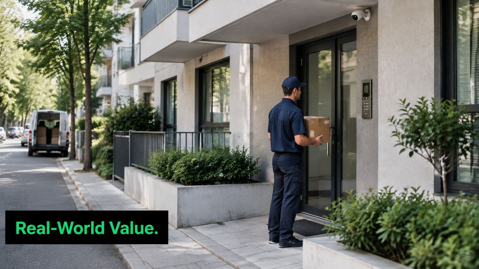 A delivery driver holding a cardboard box while standing at the entrance of a modern residential building.