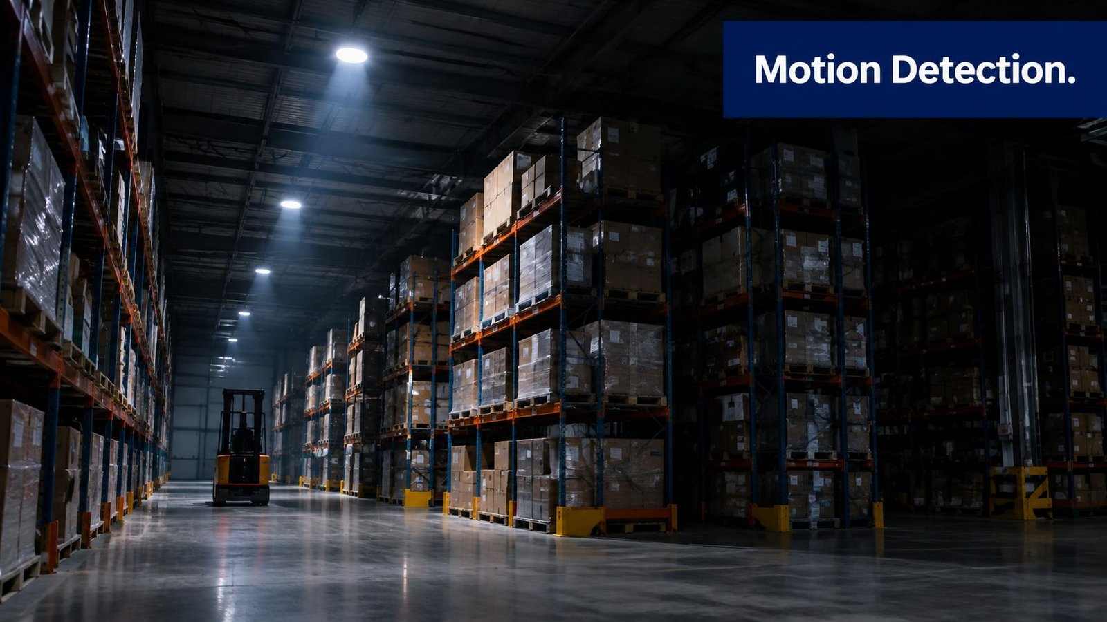 A forklift driving through a large, dimly lit warehouse aisle surrounded by tall metal storage racks.