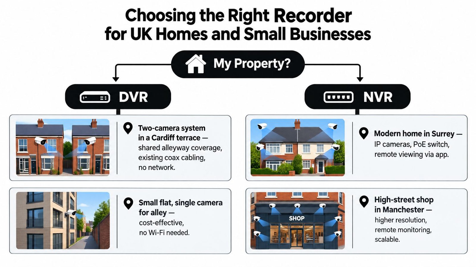 A diagram comparing DVR and NVR security camera systems for homes and small businesses in the UK.