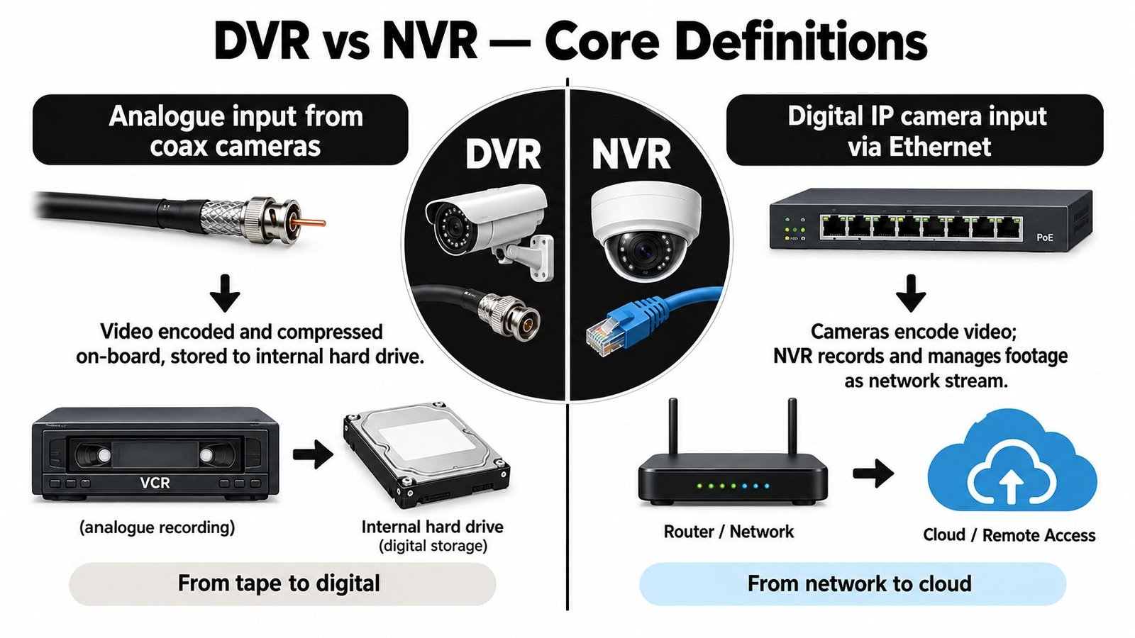 An infographic showing the main differences between DVR and NVR security camera recording systems and connections.