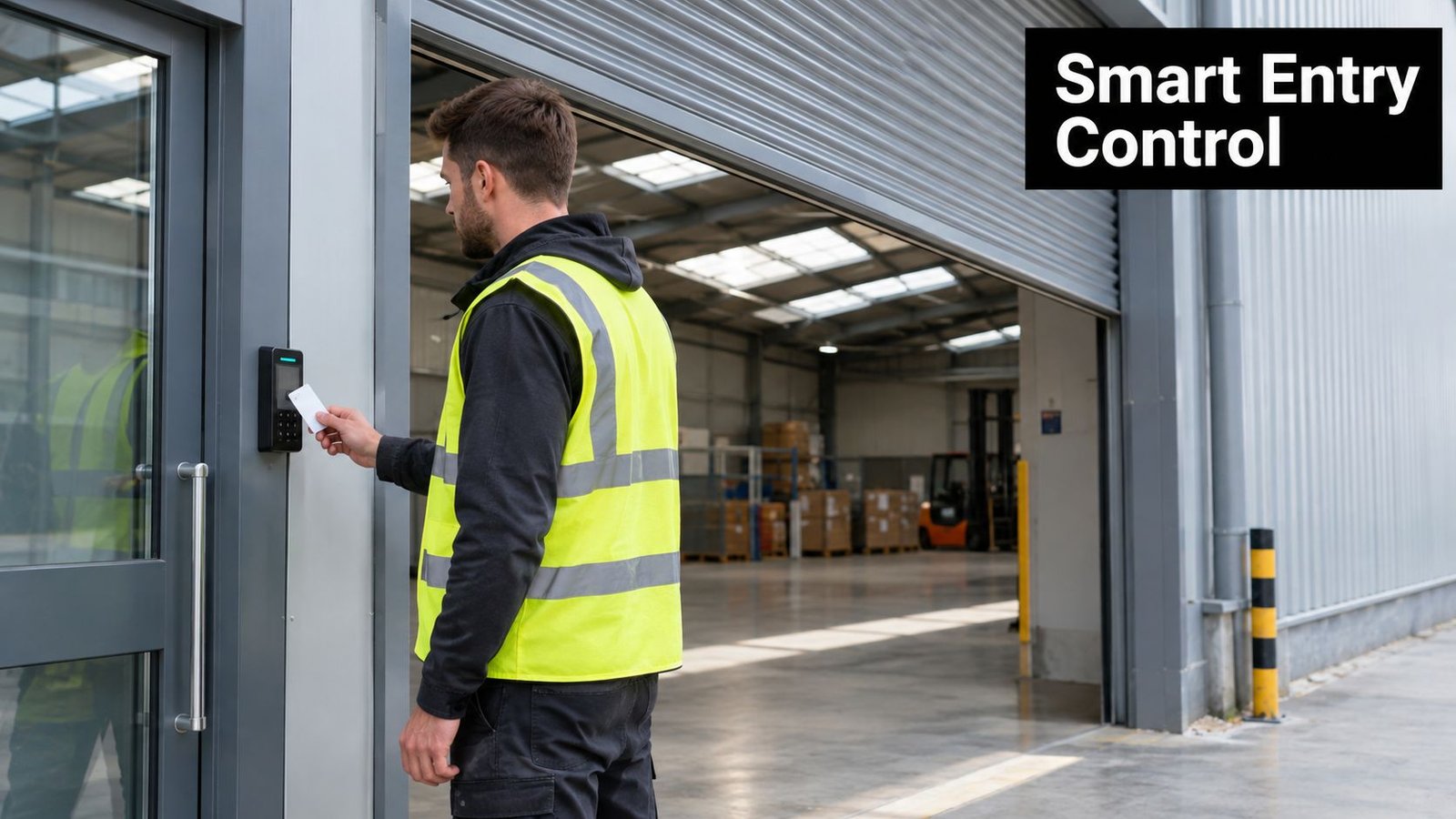 A worker in a high-visibility vest uses an electronic key card to unlock a warehouse door.
