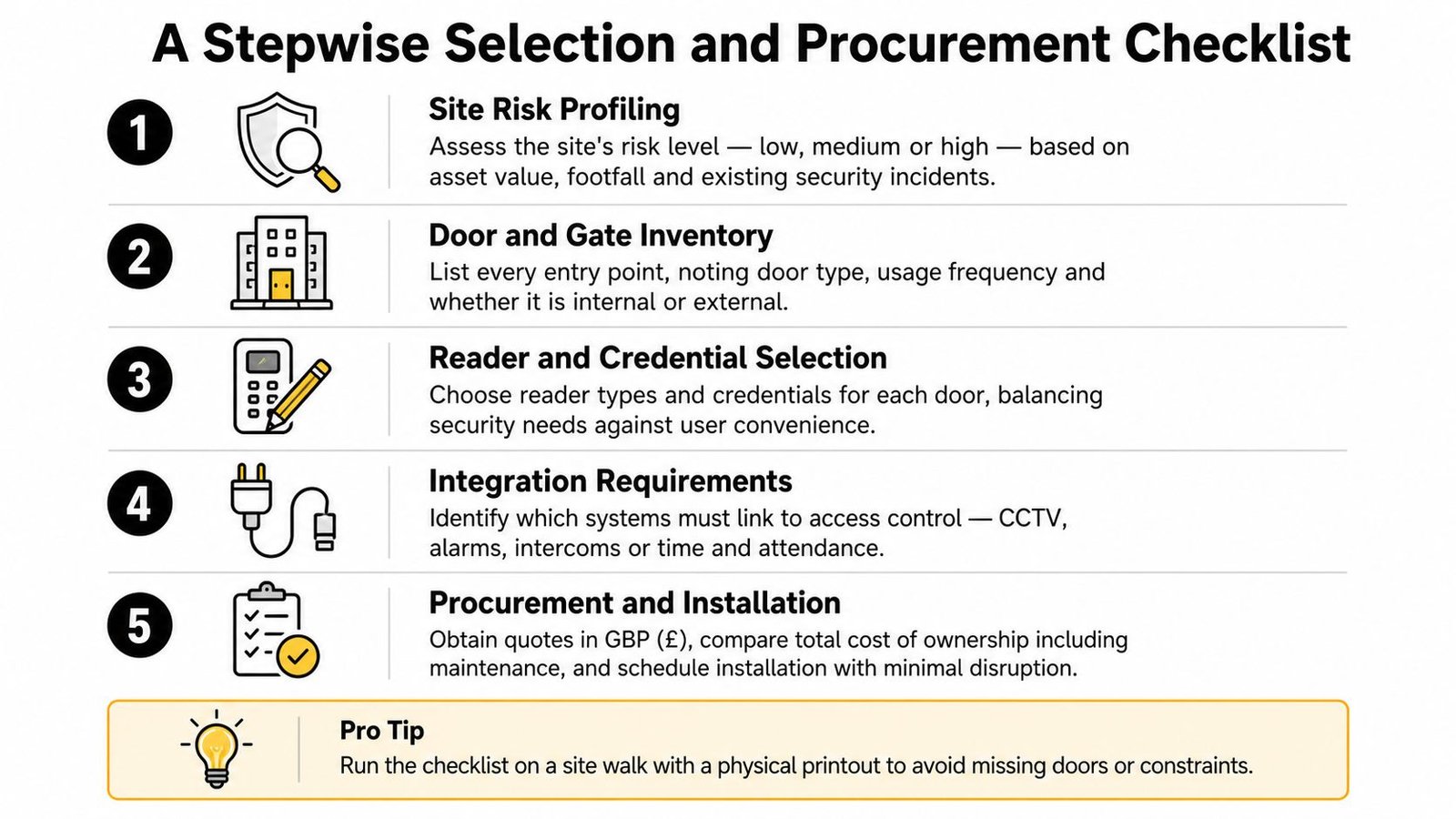 A five-step checklist for selecting and procuring physical access control solutions for business security systems.