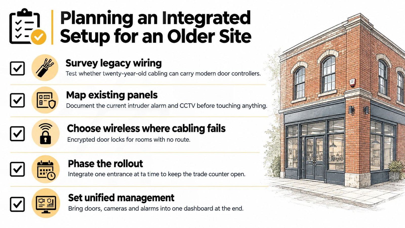 A checklist infographic illustrating five key steps for planning an integrated security setup in older buildings.