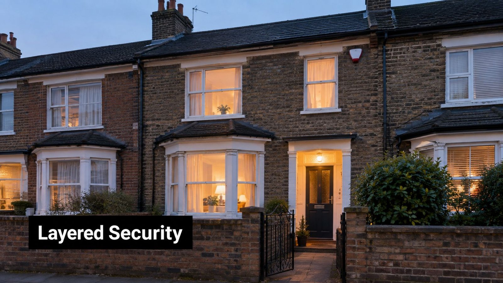 A classic English terraced house exterior at dusk with warm interior lighting and home security measures visible.