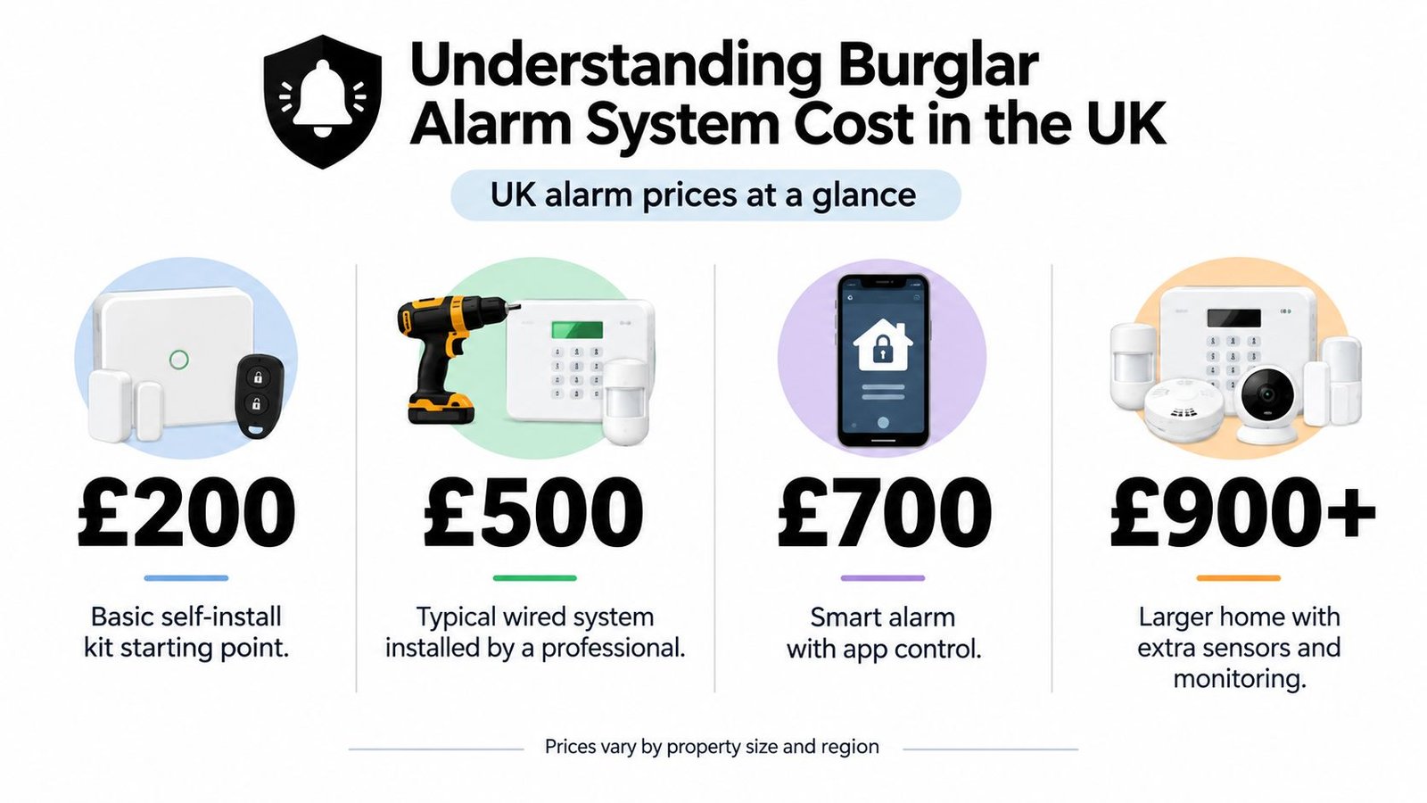 A price guide infographic showing various UK burglar alarm system costs from £200 to over £900.