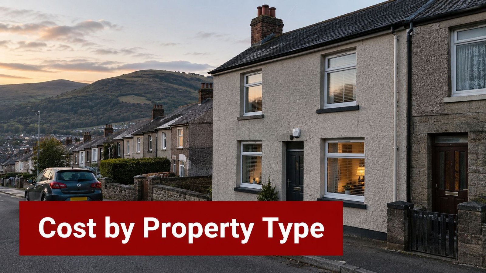 A scenic residential street at sunset with a row of terraced houses, highlighting home security considerations.