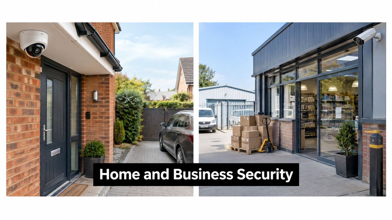 A split image showing a home front door and a business entrance monitored by security cameras.
