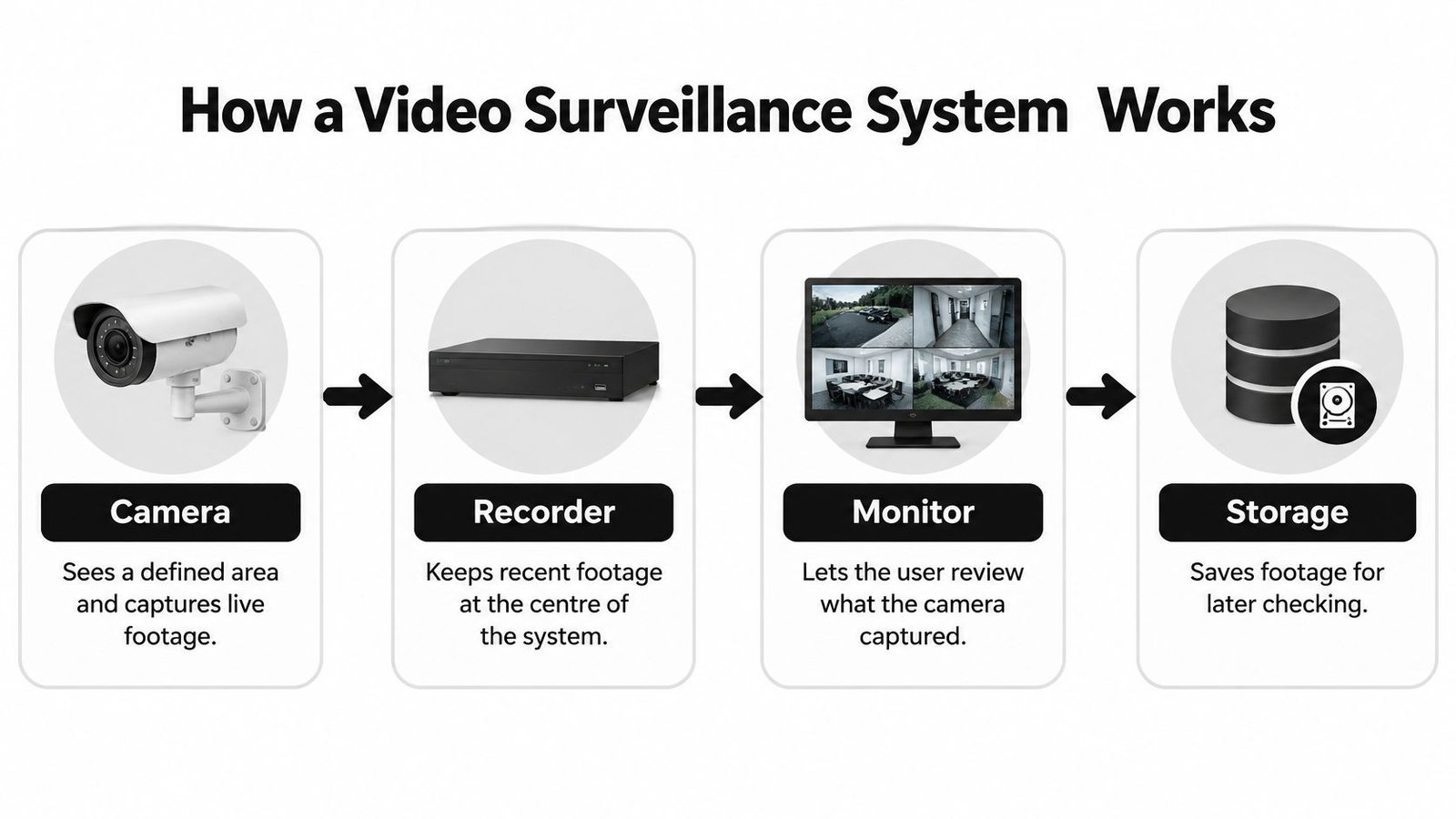 A diagram illustrating how a video surveillance system works from camera capture to storage and monitoring.