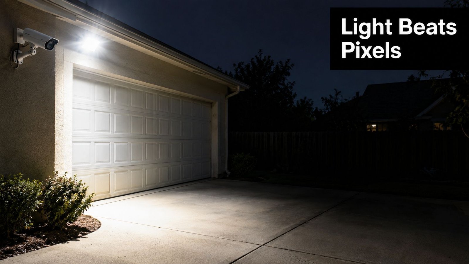 A modern security camera mounted next to a bright floodlight illuminating a garage driveway at night.