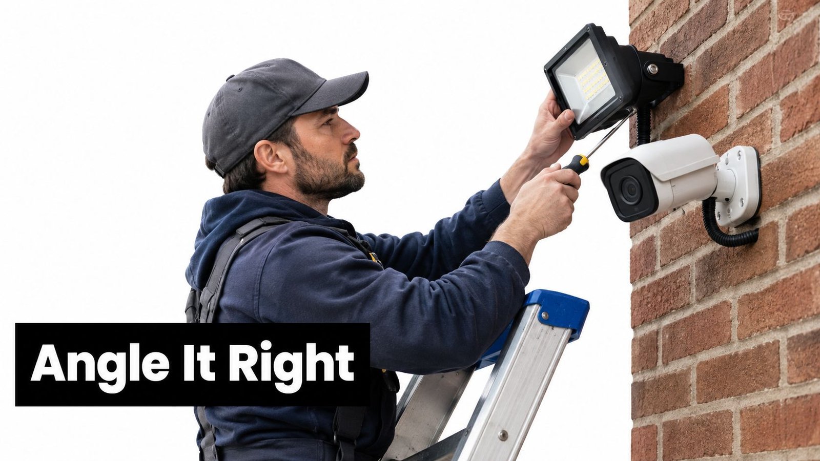 A professional technician on a ladder adjusting an outdoor security floodlight mounted next to a CCTV camera.