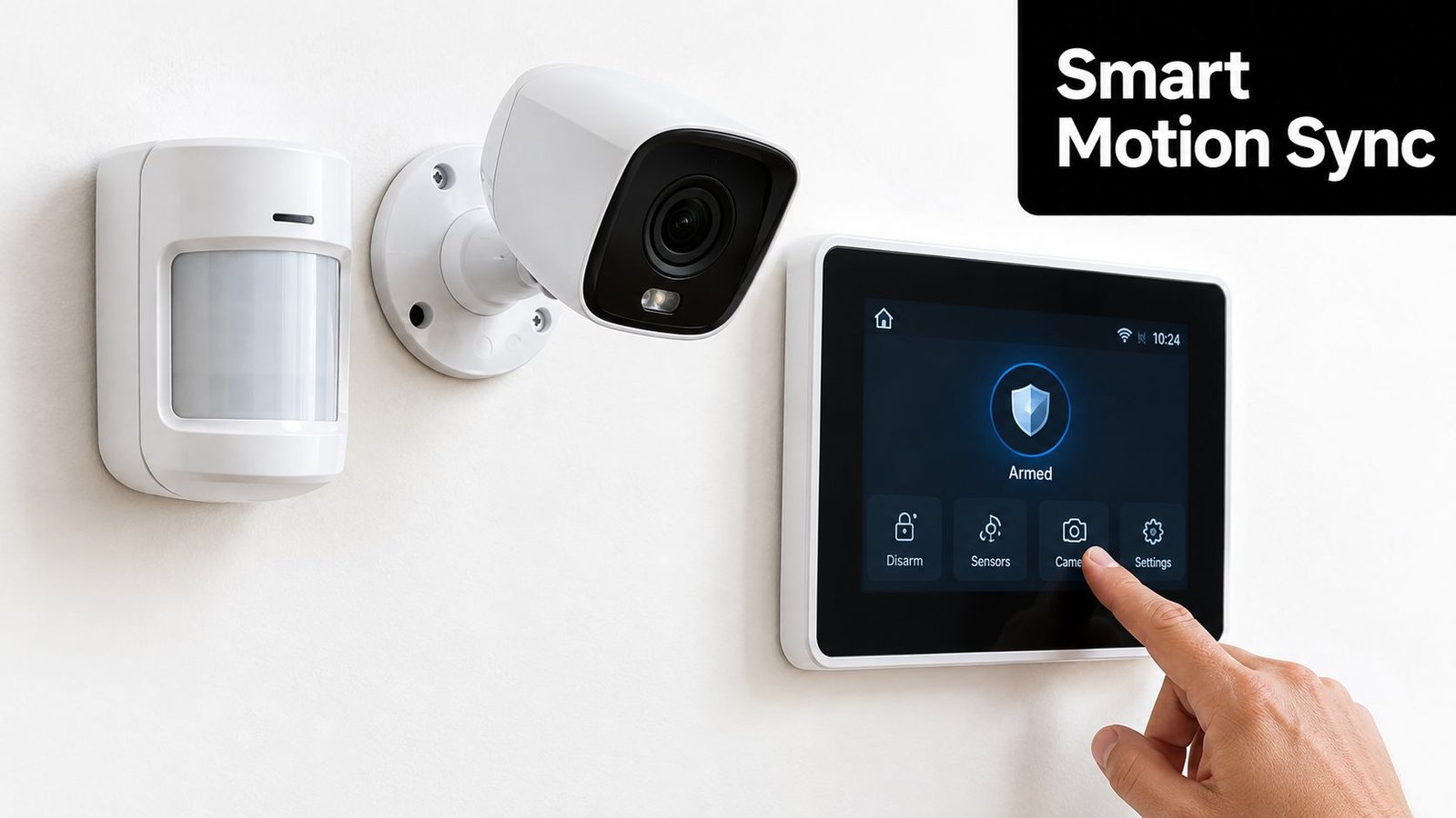 A hand touching a smart home security system display screen with a motion sensor and surveillance camera.