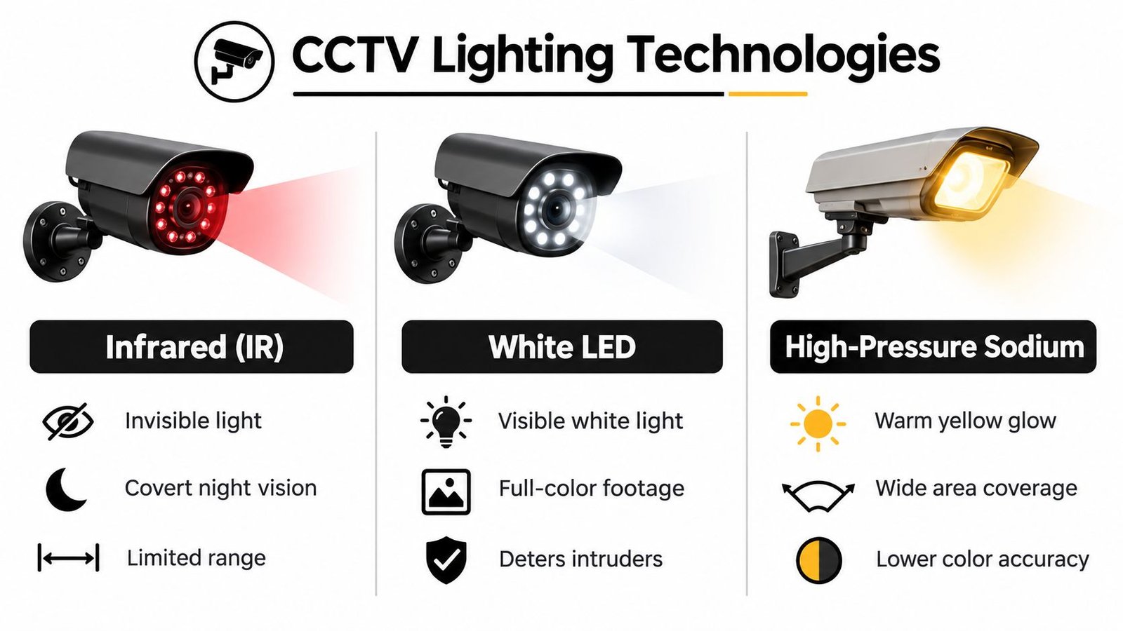 A comparison chart of different CCTV lighting technologies, featuring infrared, white LED, and high-pressure sodium light cameras.