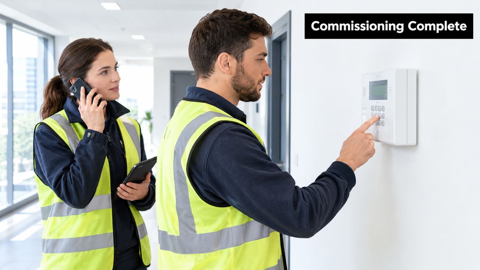 Two technicians in high visibility vests installing and testing a commercial intruder alarm panel on a wall.