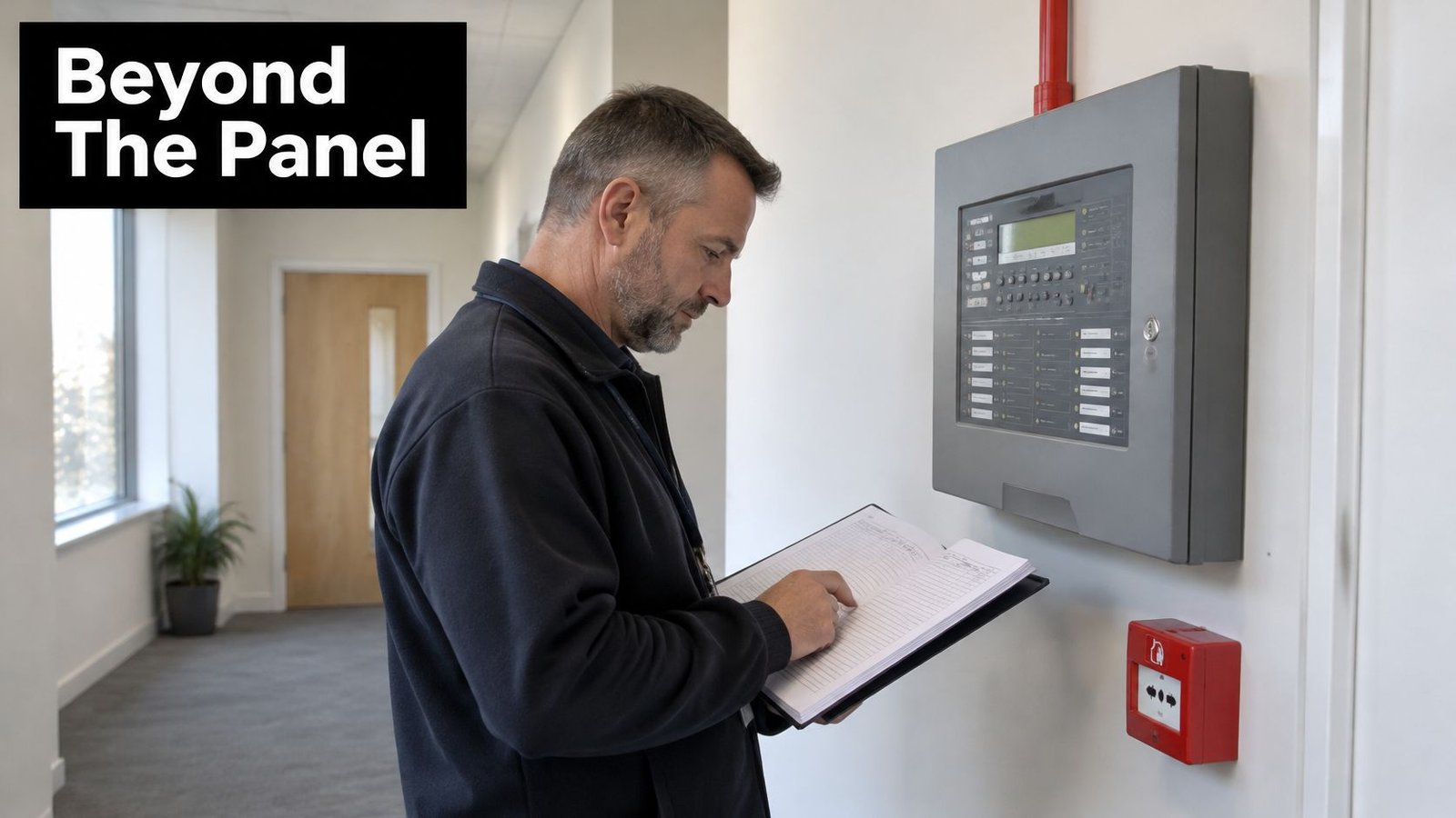 A technician checking a fire alarm control panel while reviewing documentation in an office hallway.